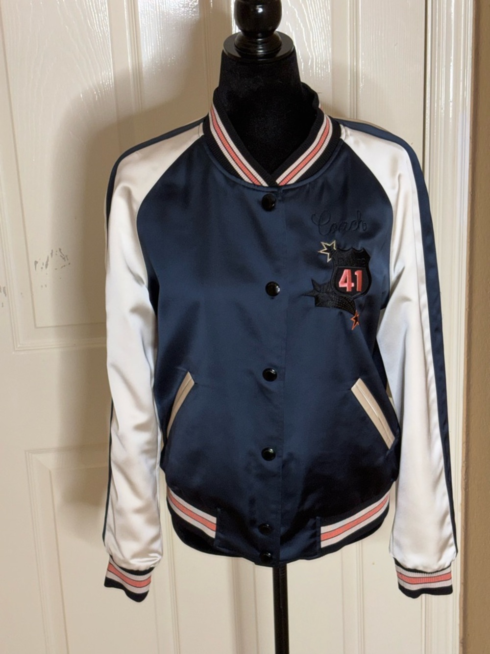 COACH Women’s Bomber REVERSIBLE Varsity Jacket Floral Print Colorblock Satin Med - Picture 5 of 12